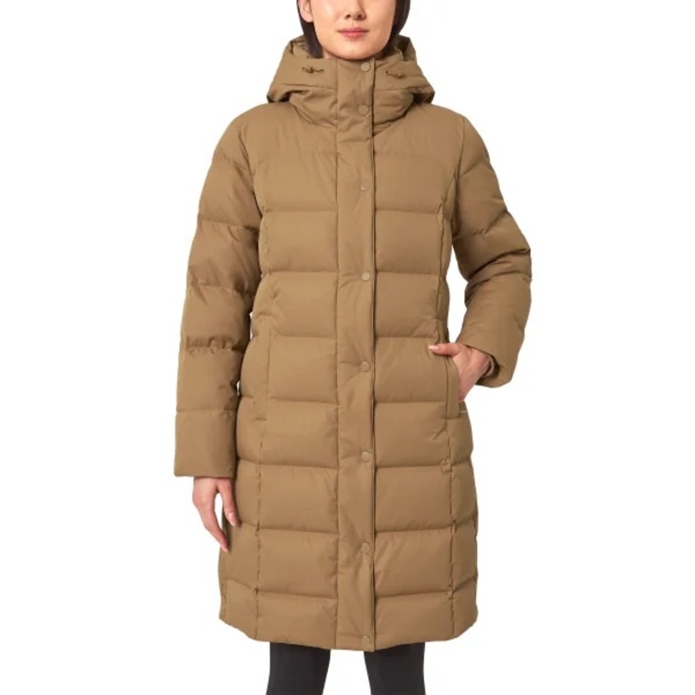 Mondetta Hooded Long Puffer Coat in Tan